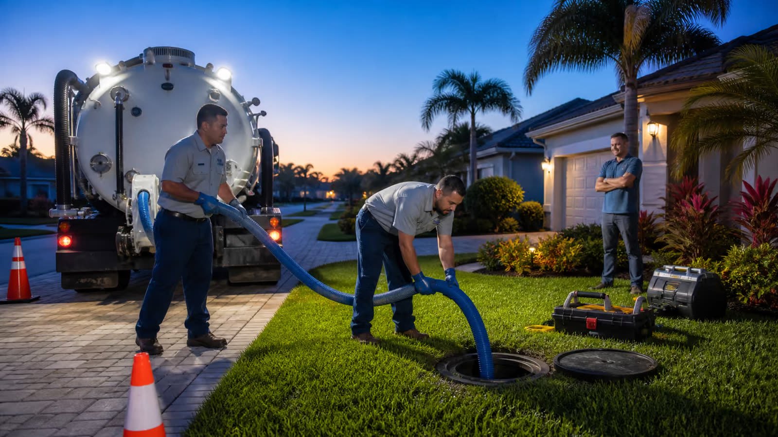 Technicians pumping a septic tank at a house after dark