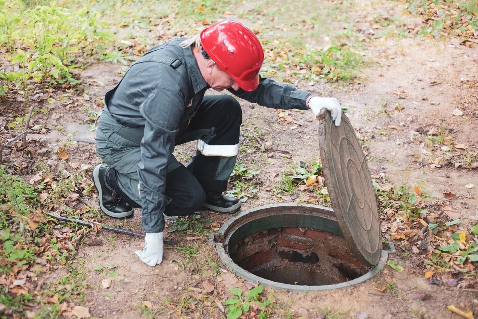 A technician lifting a septic tank lid for inspection
