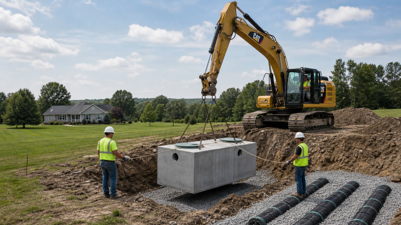 A crew setting a concrete septic tank with an excavator beside a drain field